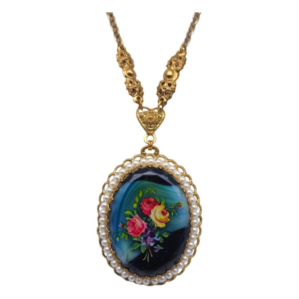 Vintage West Germany Signed Blue Slag Art Glass Necklace Faux Pearl Filigree Y8